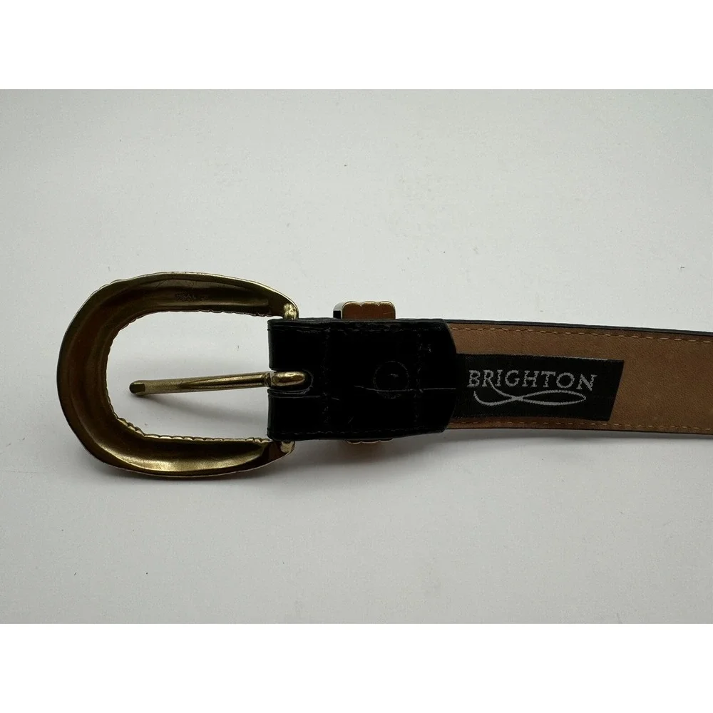 Brighton‎ Sz L Black Leather Crocodile Print Fashion Belt Brass Buckle 50123